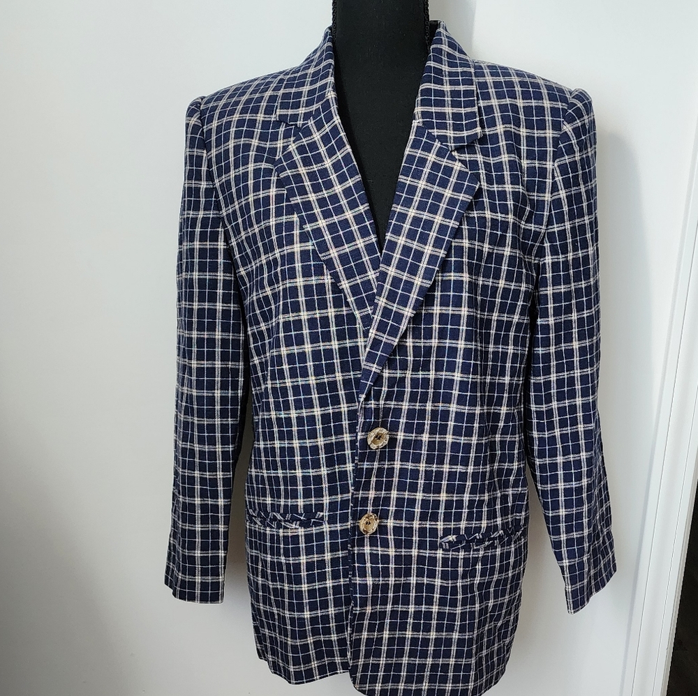 Vintage Sag Harbor Linen Blend Blazer Womens Size 10 P Navy Academia 90s